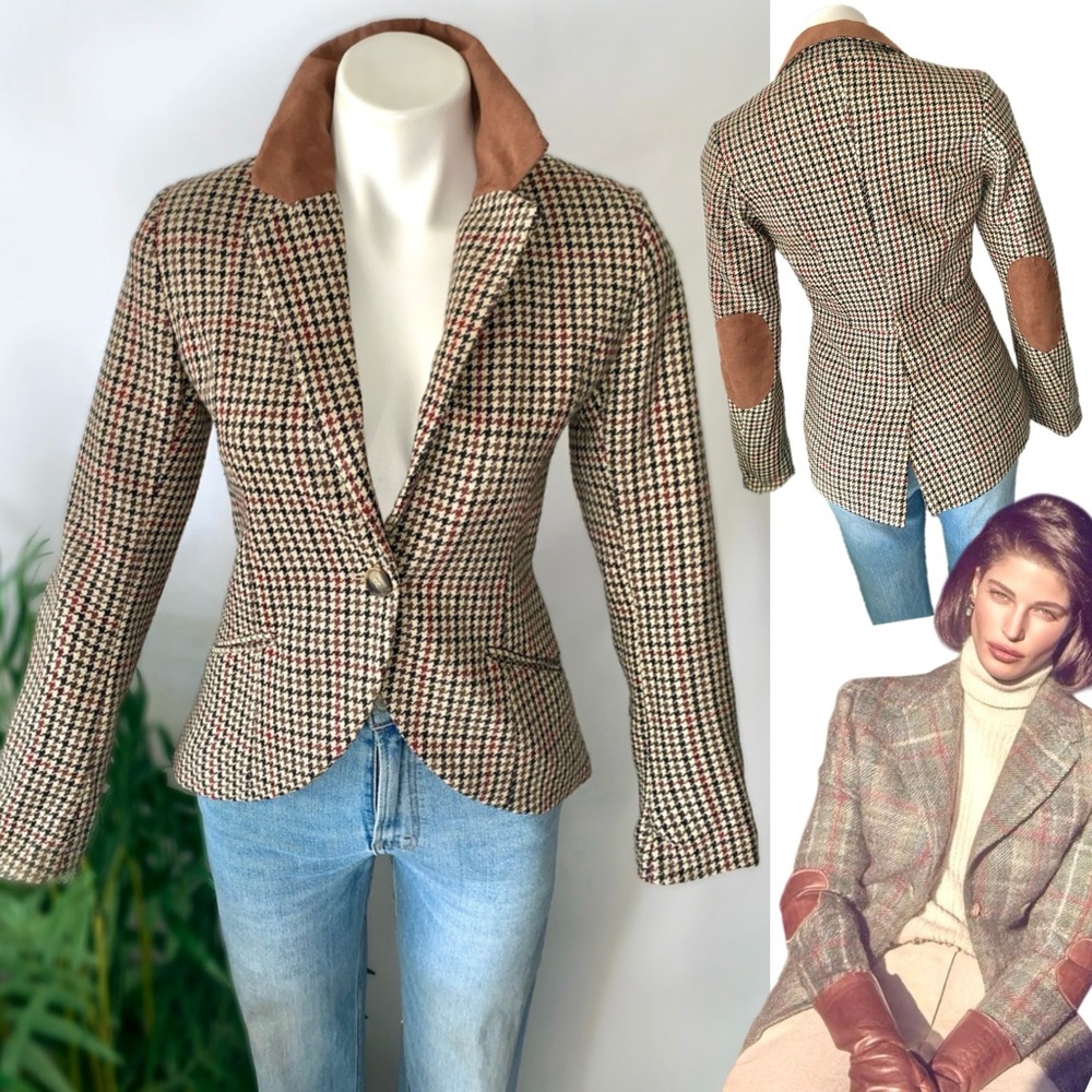 Equestrian Houndstooth Elbow Patch Wool Blazer - image 1